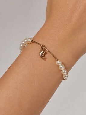 Gold-Tone Faux Pearl Dolphin Charm Bracelet, OS